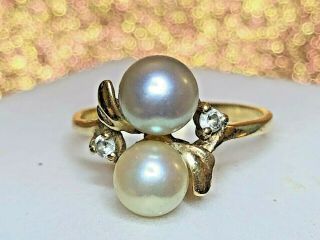 Vintage 14k Yellow Gold Rare Gray Blue White Pearl Ring Art Deco White Quartz
