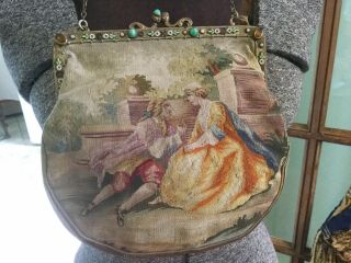 Antique French Aubusson Petit Point Tapestry Purse Bag W Enamel Stones In Frame