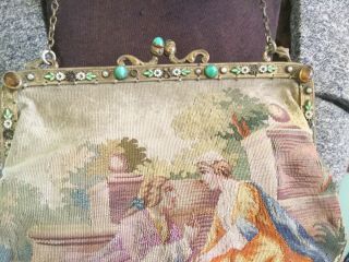 Antique French Aubusson petit point tapestry purse bag w Enamel stones in Frame 2
