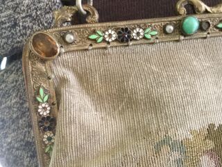 Antique French Aubusson petit point tapestry purse bag w Enamel stones in Frame 6