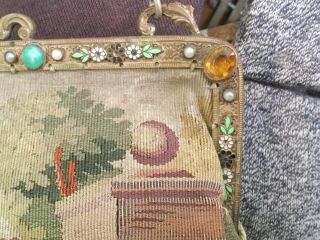 Antique French Aubusson petit point tapestry purse bag w Enamel stones in Frame 8