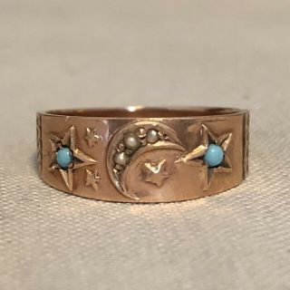 Antique Victorian 14k Rose Gold Turquoise Seed Pearl Ring Band Moon Stars Sz 6