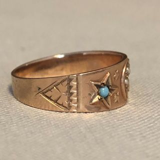 Antique Victorian 14K Rose Gold Turquoise Seed Pearl Ring Band Moon Stars Sz 6 2
