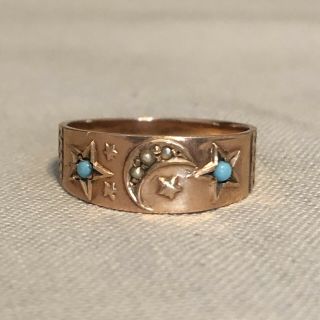 Antique Victorian 14K Rose Gold Turquoise Seed Pearl Ring Band Moon Stars Sz 6 4
