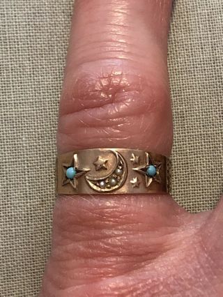 Antique Victorian 14K Rose Gold Turquoise Seed Pearl Ring Band Moon Stars Sz 6 8