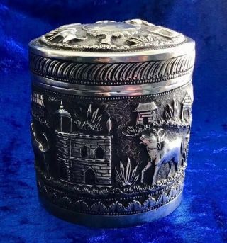 ANTIQUE SOLID SILVER ANGLO INDIAN ANIMAL LIDDED POT 1890s 2