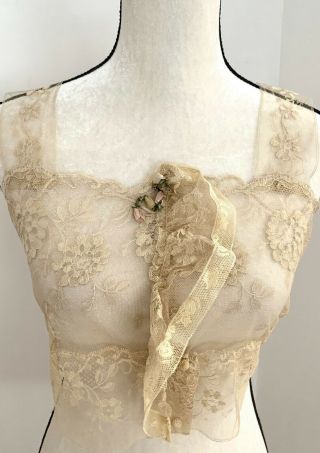 Antique Edwardian French Silk Embroidered & Lace Tulle Trousseau Corset Cover