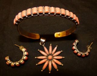 Vintage Native American Jewelry Sterling Silver Coral Set Bracelet Pendant