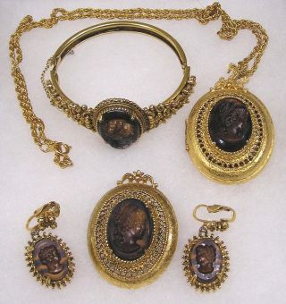 Vintage Florenza Cameo Parure Brooch Earrings Bracelet Pendant Locket Necklace