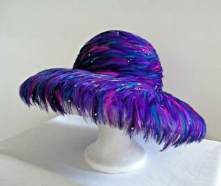 Vtg Jack Mcconnell Boutique Designer Multi - Color Feather Crystal Wide Brim Hat