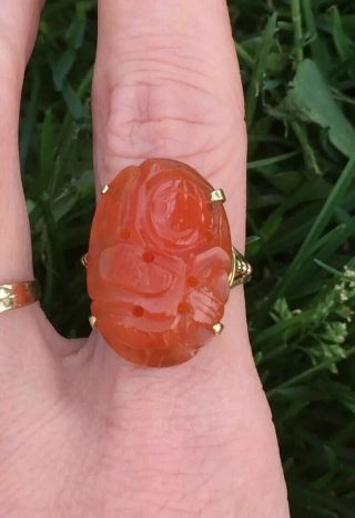 Arts And Crafts Era 14k Gold Carved Chinese Export Carnelian Ring Size 6.  5