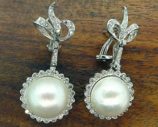 Vintage Palladium Antique Art Deco Mabe Pearl Diamond Dangling Drop Earrings C4