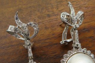 Vintage palladium ANTIQUE ART DECO MABE PEARL DIAMOND DANGLING DROP earrings C4 3