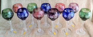 Vtg Set Of 11 Bohemian Crystal 8 " Tall Goblets 4 Different Cut - To - Clear Colors