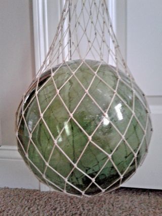 Vintage Glass Signed Japanese Fishing Float Buoy Ball Roped 10 " Large Green