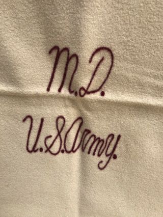 Vintage WWII Wool Blanket MD US Army Medic 1940 Cream Cranberry 54x 86” 2
