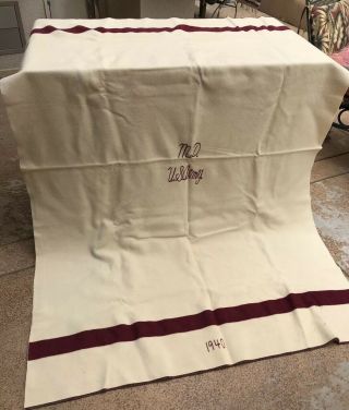 Vintage WWII Wool Blanket MD US Army Medic 1940 Cream Cranberry 54x 86” 3