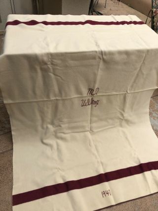 Vintage WWII Wool Blanket MD US Army Medic 1940 Cream Cranberry 54x 86” 6