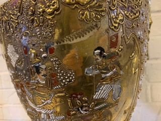 Vintage Antique Japanese Satsuma / Nippon Large Pottery Moriage Vase w/ Samurai 11