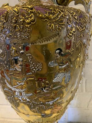 Vintage Antique Japanese Satsuma / Nippon Large Pottery Moriage Vase w/ Samurai 3
