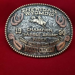 1990 Rodeo Trophy Buckle Vintage Sheridan Wyoming Saddle Bronc Ride Champion 680