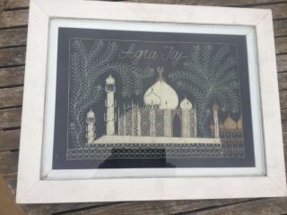 Vintage Indian Taj Mahal Embroidery Picture In Gold & Silver Braid 24 " X 18.  5 "