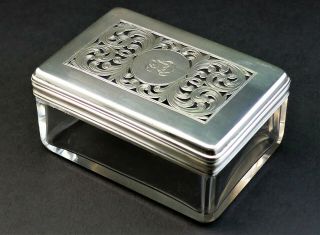 C1834 Antique 19thc William Iv Solid Silver And Glass Dressing Table Trinket Box