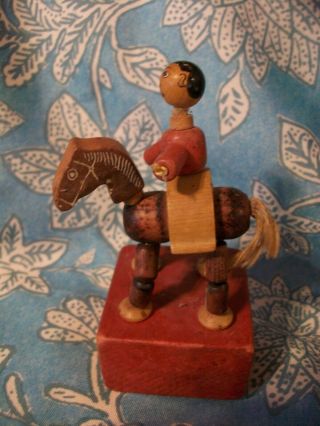 Vintage Wood Collapsing Thumb Push Button Puppet 5 1/2 " Man On Horse