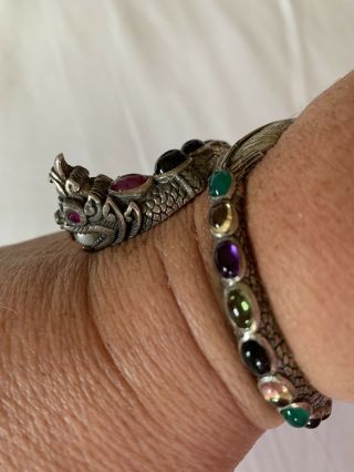 925 Silver Dragon Serpent Bangle Bracelet Chinese Indian Pearl Ruby Gemstones