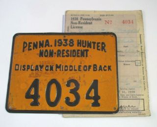 Vtg 1938 Pa Non - Resident Tin Metal Plate Hunting License & Registration Card