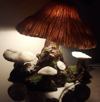 Vintage Retro Magic Mushroom Coral Top Driftwood Lamp,  Folk Art