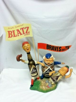 Blatz Beer Sign 1950 S Bottle Can Barrel Man Safe At Home Baseball Statue Vtg T2
