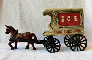 Rare Vintage Cast Iron Toy Horse Drawn Ice Wagon Cart Carriage 2 Piece