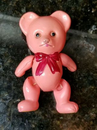Vtg.  Antique Celluloid Baby Toy Jointed Strung Bear Rattle 4 "