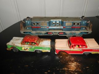 Vintage Tin Litho Cars & Train Engine Made In Japan 1960 