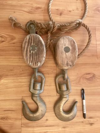 Merriman Brothers Antique 4 Pc Marine Block & Tackle Massive Brass Hooks,  Wood