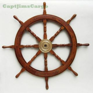 Large 36 " Boat Ship Wooden Steering Wheel Brass Center Nautical Wall Decor