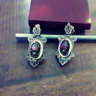 Victorian Etruscan 12k Gold Seed Pearls Pink Gemstones Black Enamel Earrings