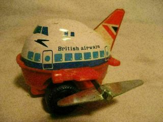 Vintage Yone Japan Tin Litho & Plastic Wind Up Toy British Airways Plane 2 1/2 "