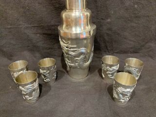 Antique Chinese Export Sterling Silver Cocktail Set Shaker 6 Cups Wh Wang Hing