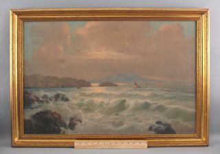Vintage Ensel Salvi Italian Seascape Oil Painting,  Naples Harbor & Mt Vesuvius