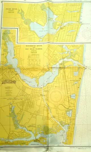 Vintage Nautical Chart Map Jersey Shark & Manasquan Rivers Bay Head Harbor