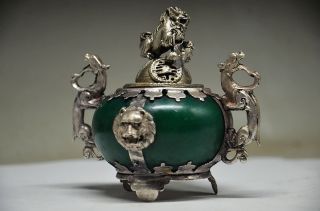 EXQUISITE CHINESE SILVER DRAGON INLAID JADE HANDMADE CARVED LION INCENSE BURNER 2