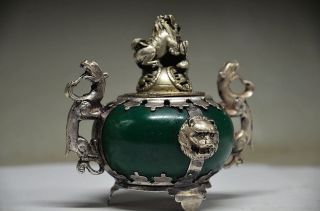 EXQUISITE CHINESE SILVER DRAGON INLAID JADE HANDMADE CARVED LION INCENSE BURNER 3