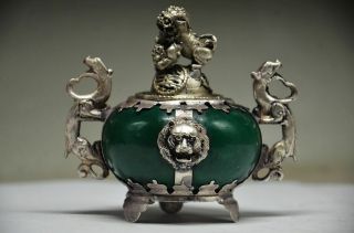 EXQUISITE CHINESE SILVER DRAGON INLAID JADE HANDMADE CARVED LION INCENSE BURNER 4