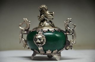 EXQUISITE CHINESE SILVER DRAGON INLAID JADE HANDMADE CARVED LION INCENSE BURNER 5