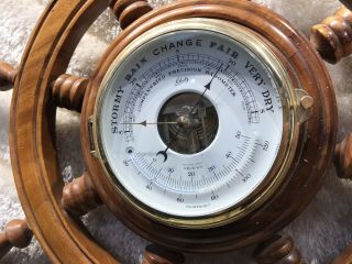 LARGE VINTAGE SCHATZ GERMANY BRASS WALL SHIP’S BAROMETER IN WOOD SHIP’S WHEEL 2