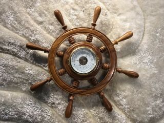 LARGE VINTAGE SCHATZ GERMANY BRASS WALL SHIP’S BAROMETER IN WOOD SHIP’S WHEEL 4