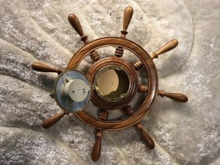 LARGE VINTAGE SCHATZ GERMANY BRASS WALL SHIP’S BAROMETER IN WOOD SHIP’S WHEEL 5
