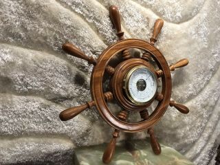 LARGE VINTAGE SCHATZ GERMANY BRASS WALL SHIP’S BAROMETER IN WOOD SHIP’S WHEEL 7